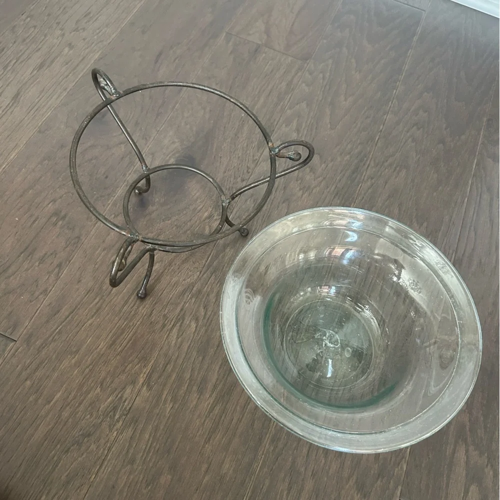 Vintage Glass Bowl with Metal Stand